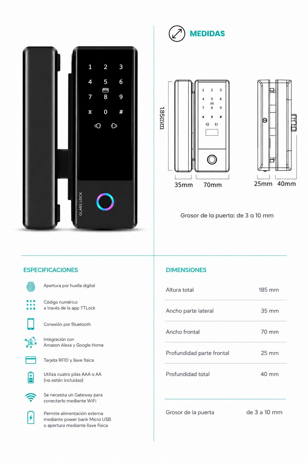 Cerradura Inteligente SM008 TTLock para Puertas de Vidrio Blindex - Imagen 3