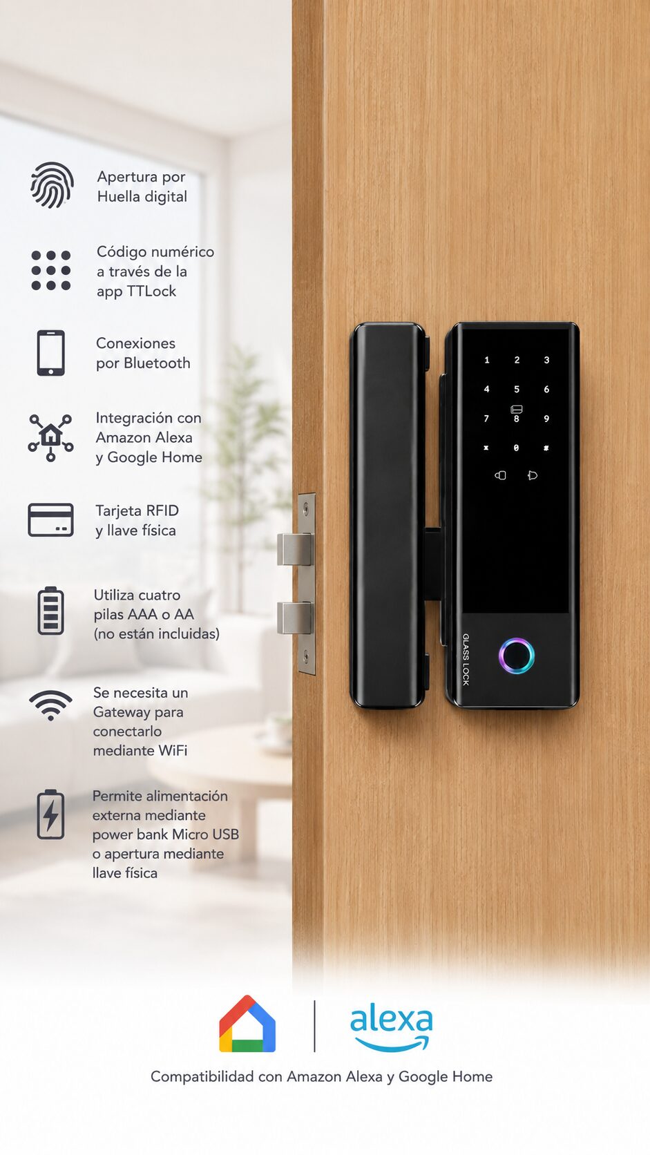 Cerradura Inteligente SM008 TTLock para Puertas de Vidrio Blindex - Imagen 2