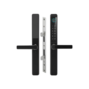 Cerradura inteligente negra con panel táctil y manillas