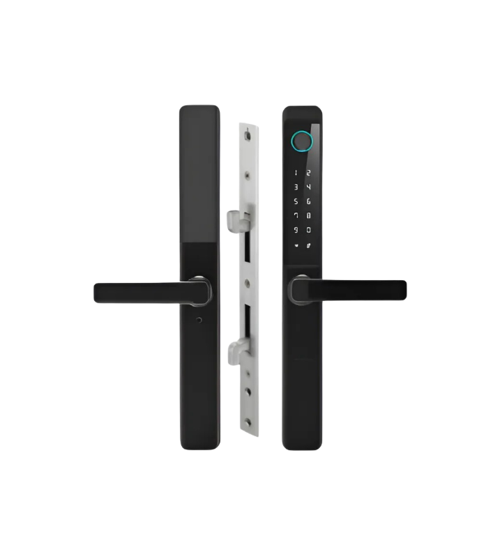 Cerradura inteligente negra con panel táctil y manillas