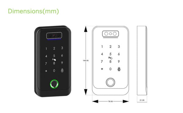Lector biométrico con teclado táctil y dimensiones